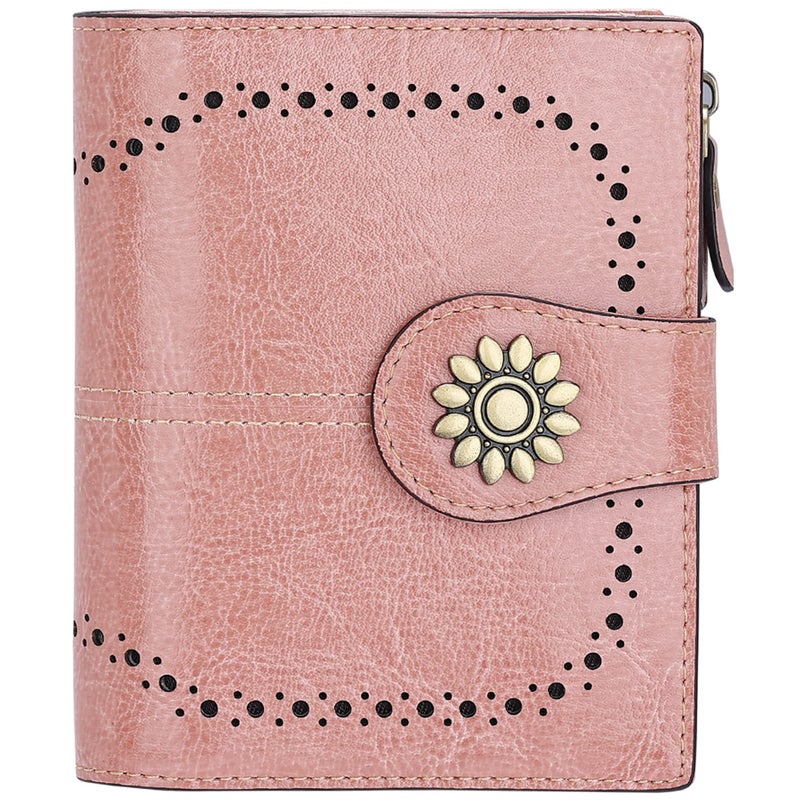 Lavemi Womens Leather Wallet Small Compact RFID Blocking Credit Card Case Purse with Zipper Pocket(Dark Pink) - Image 1